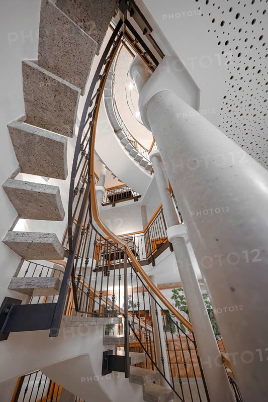 Modern spiral staircase made of concrete and wood with architectural design, Hotel Krone Lamm, Zavelstein, Black Forest, Germany