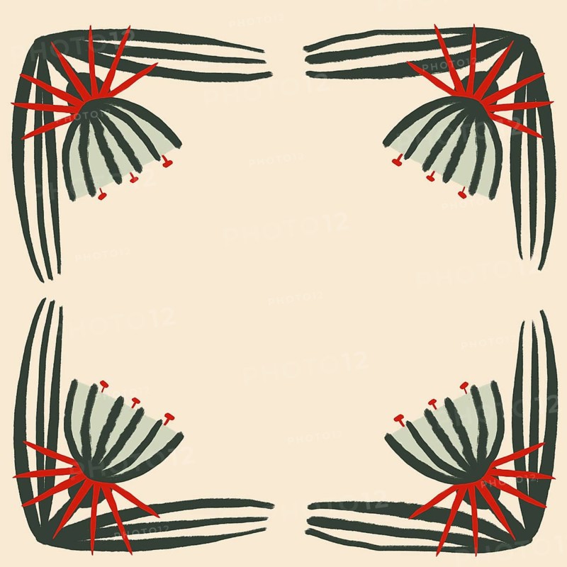 Artistic illustration featuring a symmetrical floral design with earthy green and red accents, ideal for decorative or background uses