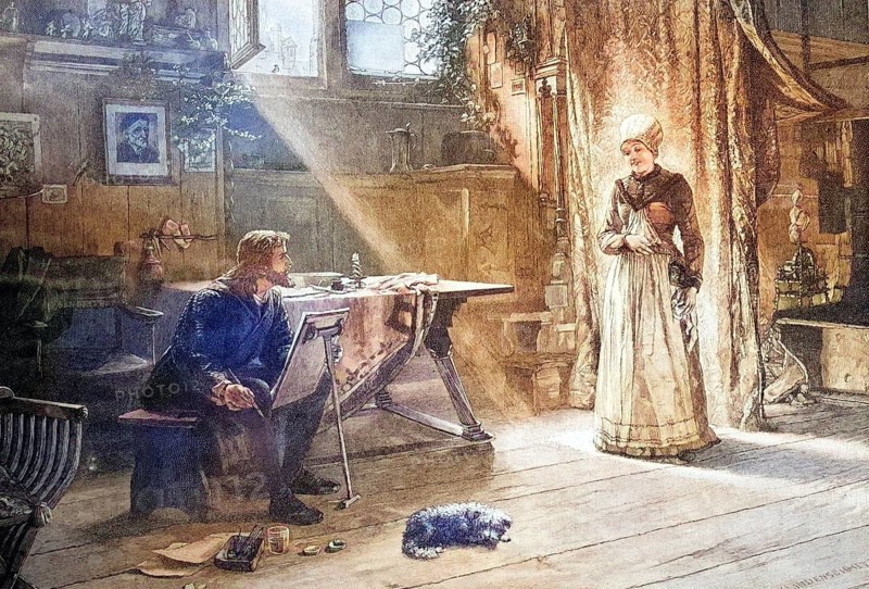 Albrecht Dürer the Younger, 1471, 1528, a German painter, graphic artist, mathematician and art theorist, paints his woman, coloured wood engraving, reproduction from a model from ca 1888, Historical, An artist works in his studio while a woman stands in the ray of light. The scene radiates creativity and calm