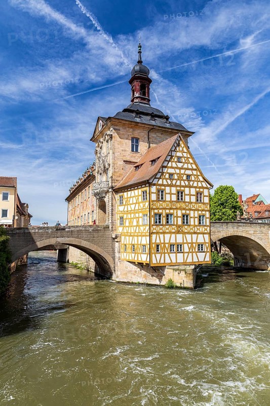 Old Town Hall in the Regnitz and Upper Bridge, Bamberg, Bavaria, Germany