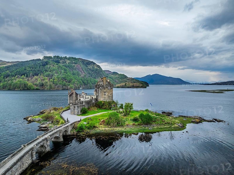 Eilean Donan Castle and Loch Duich from a drone, Isle of Skye, Highlands, Scotland, England, United Kingdom