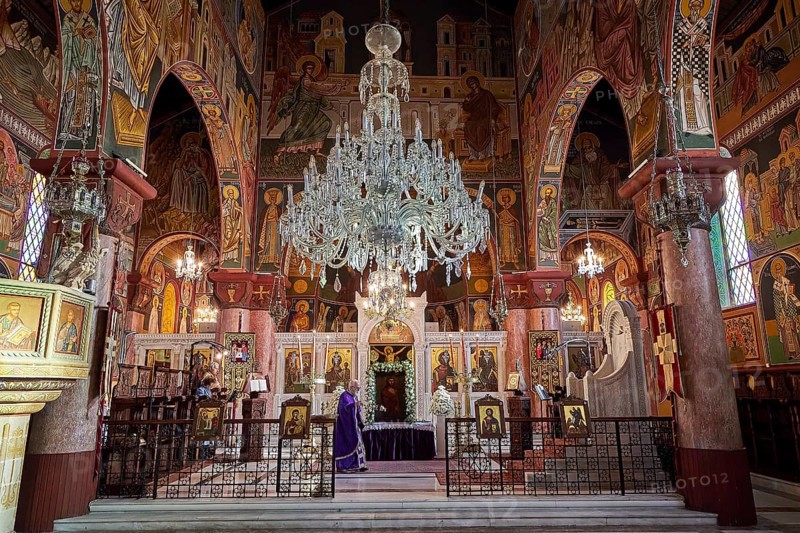 Magnificent altar area with large chandelier and icons in a decorated church, Church of the Annunciation of the Blessed Virgin Mary, Rhodes Town, Greece, Orthodox Church, Dodecanese, Greek Islands, Rhodes Town, Holy Week, Rhodes