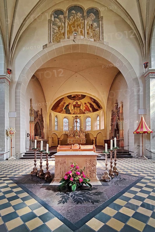 Interior facing east with chancel in unstructured semi-dome above the apse, St Castor's Basilica, Koblenz, Rhineland-Palatinate, Germany