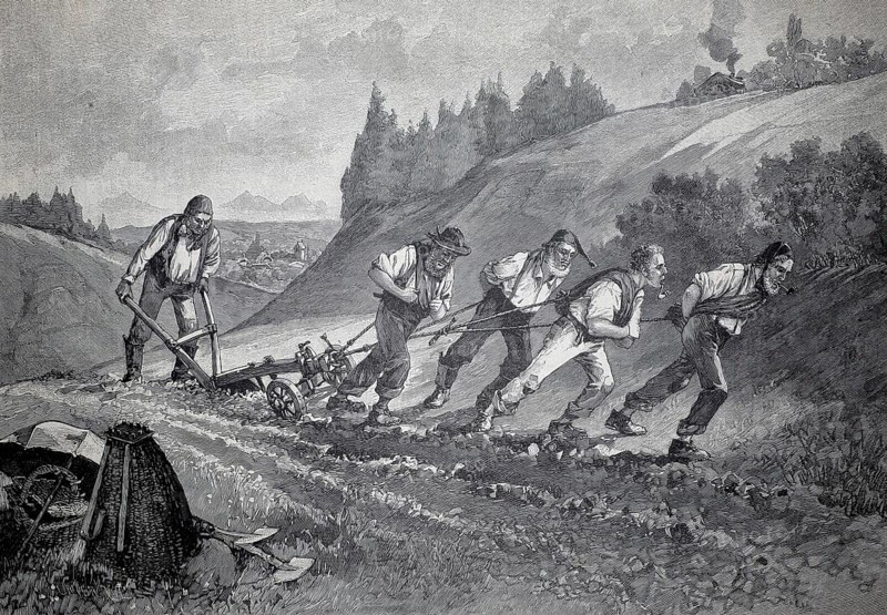 Farming in Entlebuch in Switzerland, 1882, men doing heavy physical work such as drawing a plough, a historic agricultural method using humans instead of animals to cultivate the soil, illustration, reproduction of a model from the 19th century. Authentic, file restored for optimal use, exact date of submission unknown, historical, men in traditional clothing pull a plough across a rolling field together