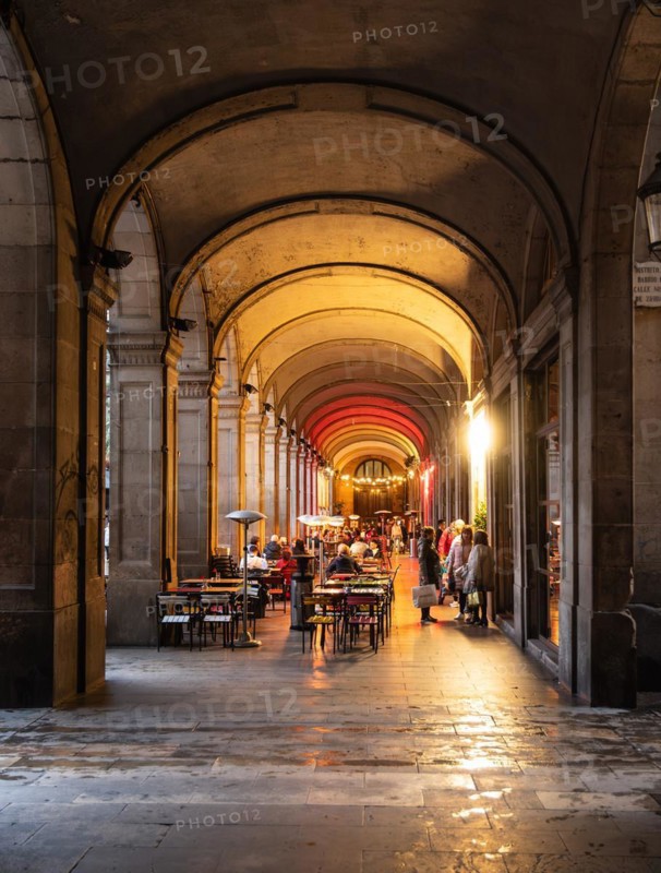 Restaurants in the arcades at Plaça Reial in Barcelona, Spain
