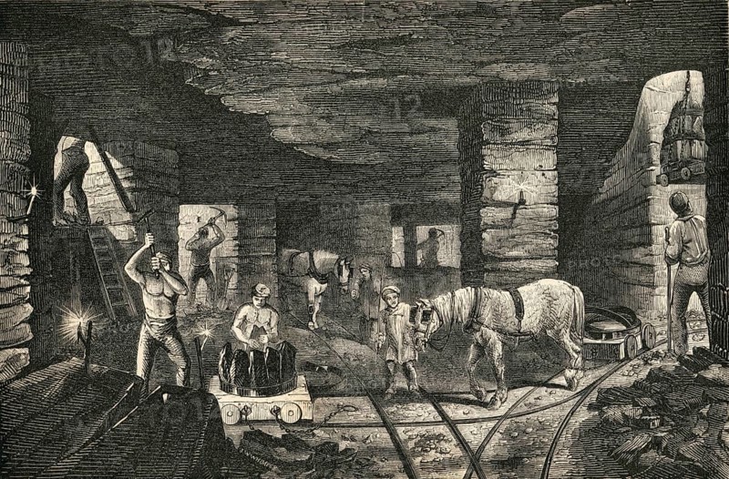 Bradley colliery, near Bilston, England in the 19th century. The extraction of ten-yard coal in the Staffordshire collieries. From the Cyclopaedia of Useful Arts and Manufactures by Charles Tomlinson, digital reproduction of a historical model