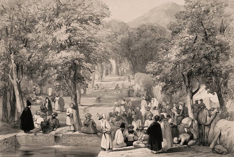 The Garden of Emperor Zahir ad-Din Muhammad Babur, Kabul, Afghanistan, First Anglo-Afghan War, sketch by James Atkinson, 1839