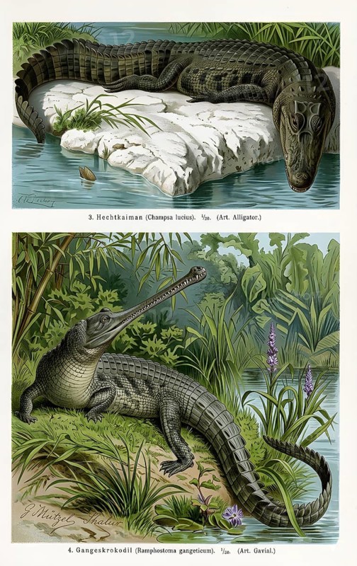 Crocodiles, pike caiman (Champsa lucius) also Mississippi Crocodile, Ganges gavial (Gavialis gangeticus), reptile, reptile, animal world, animal kingdom, historical illustration, digitally processed