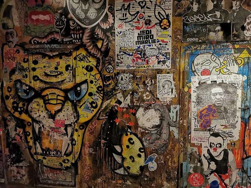 Living wall with leopard graffiti and diverse urban works of art, Berlin