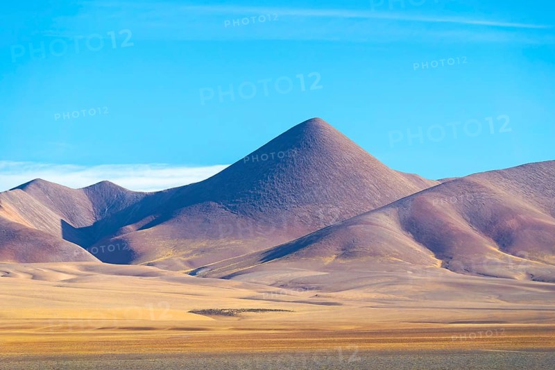 A tranquil landscape showcasing the serene beauty of La Puna in the Argentinian highlands, characterized by its sweeping, grass-covered plains and majestic, barren mountain peaks under a clear blue sky