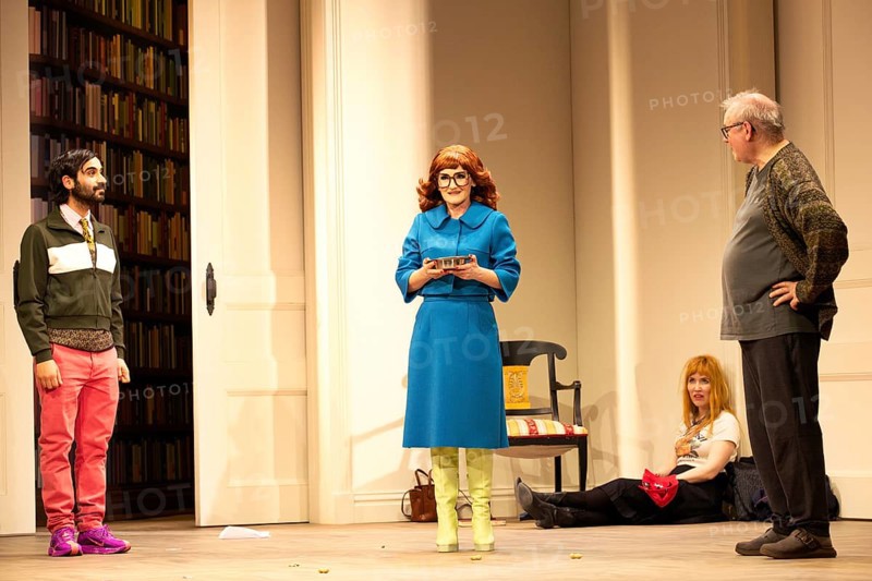 Joachim Krol (Wolfgang), Katharine Mehrling (Sophia), Christin Nichols (Helena), Tanju Bilir (Jonas), Sophia oder das Emde der Humanisten, German premiere, photo rehearsal on 11.03.2026 at the Renaissance Theatre, Berlin, premiere on 15.03.2026