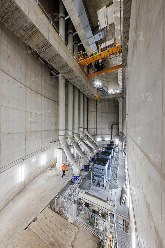 Oberhausen, Ruhr area, North Rhine-Westphalia, Germany - Emscher conversion, new Emscher AKE sewer, here the new Oberhausen pumping station, the engine room with the pumps that will pump 16, 000 litres of wastewater per minute in the future, the ecological conversion of the Emscher system consists of the construction of a central wastewater treatment system in the Ruhr area, the construction of sewers and the renaturation of the Emscher and its tributaries