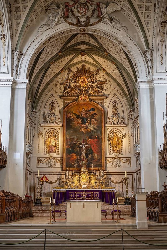 The magnificent Baroque high altar in the choir room of Constance Cathedral with its central painting of the Virgin and intricate gold decorations, Constance, district of Constance, Baden-Württemberg, Germany