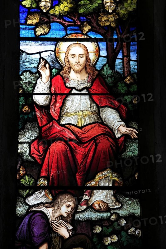 Detail of Jesus Christ the Good Physician, stained glass window, Church of Saint Mary, Mendlesham, Suffolk, England, UK