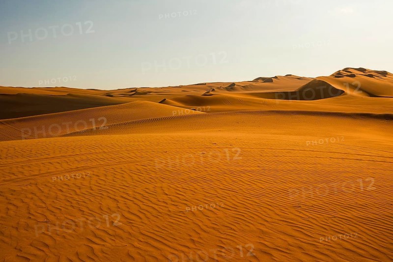 The image captures the warm golden hues and tranquil undulating sands of the Huacachina Desert at sunset, showcasing the natural beauty of Peru