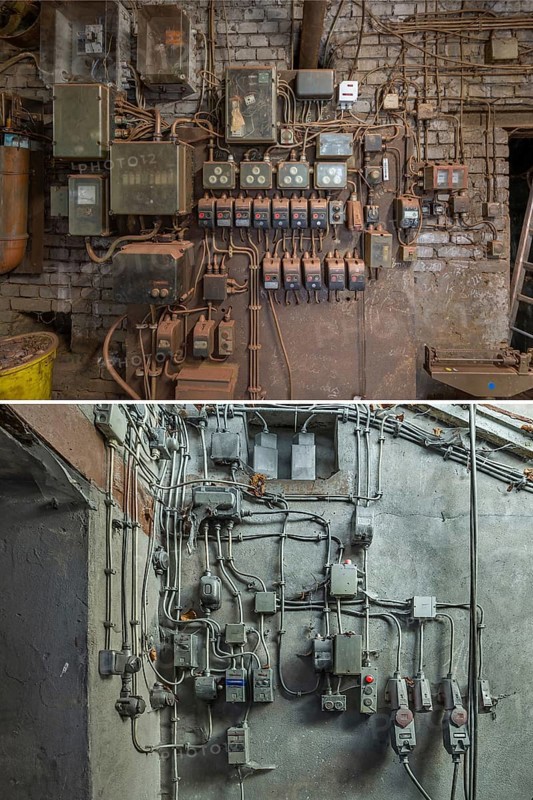 Above wall with switches and fuses in the bronze powder production building, below circuits in the zinc powder production building, metal powder mill, founded 1900, Igensdorf, Upper Franconia, Bavaria, Germany