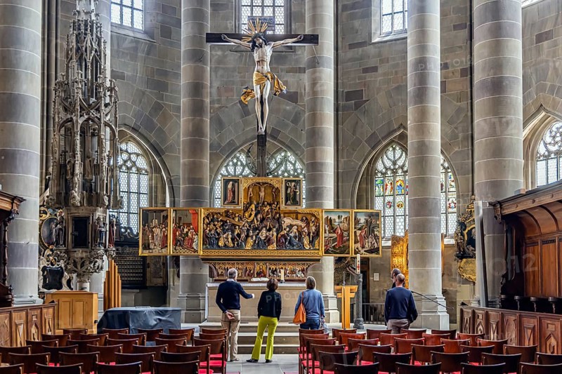 Protestant parish church of St Michael. As Johannes Brenz's place of work, it was the starting point of the Reformation in the territory of the imperial city after 1523. High altar. Schwäbisch Hall, Baden-Württemberg, Germany