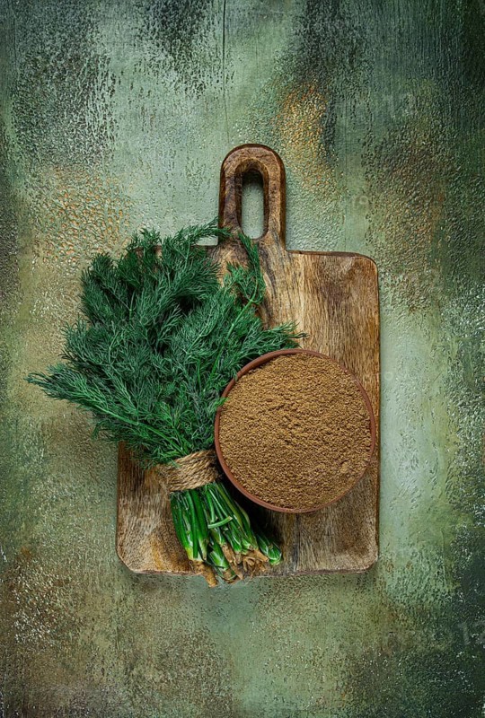 Dried dill, in a ceramic bowl, a bunch of fresh dill, seasoning, top view, no people