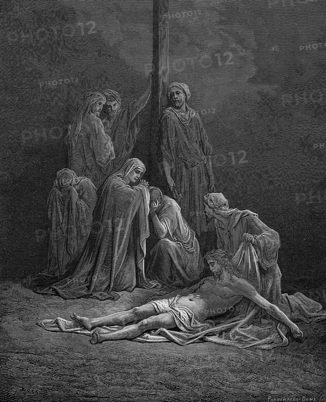 The body of Jesus, John chapter 19, verse 40, crucifixion, Jesus, death, linen, scents, wrapping, body, grief, suffering, dying, Jewish burial, under the cross, custom, custom, crown of thorns, Christian religion, Bible, New Testament, steel engraving Doré, historical illustration 1885