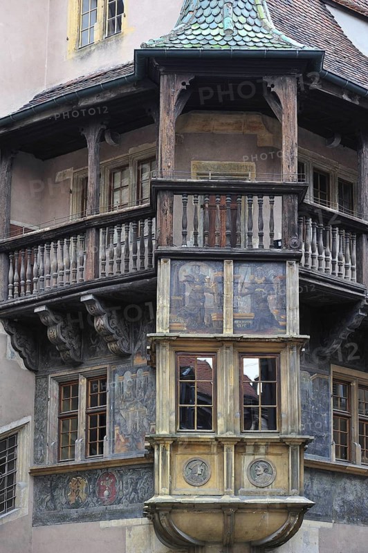 Balcony of the medieval house Maison Pfister at Colmar, Alsace, France