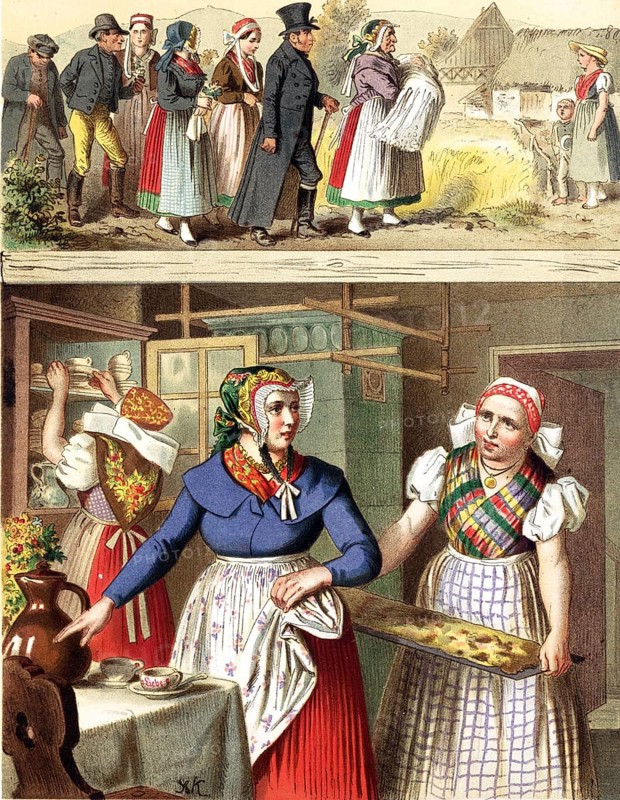 Traditional costumes in Germany around 1820, Province of Silesia, Buchwald, Fischbach, A woman at work in the kitchen while a group of people walk outside, digitally retouched reproduction of a model from around 1850, by Albert Kretschmer (27 February 1825, 11 July 1891), German painter and traditional costume expert