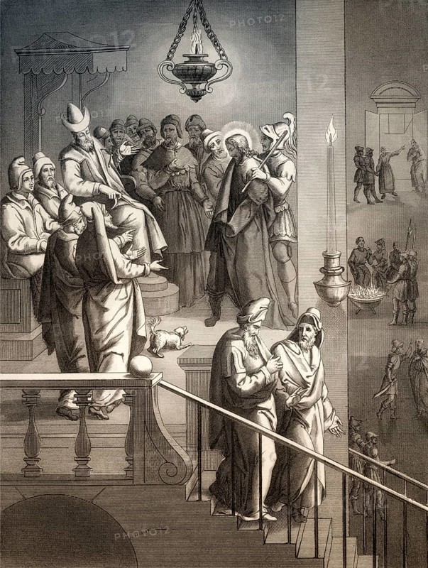 Jesus before Caiaphas, Peter again denies Christ, New Testament, steel engraving 1853, digitally restored