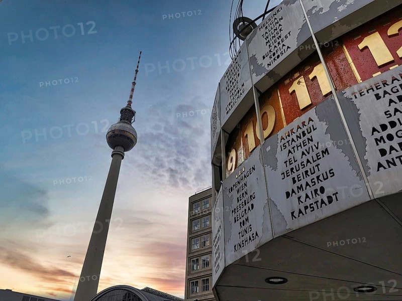 The Berlin TV Tower and the Berlin World Clock under blue sky and sunset, Alexanderplatz, Alex, Mitte, Berlin