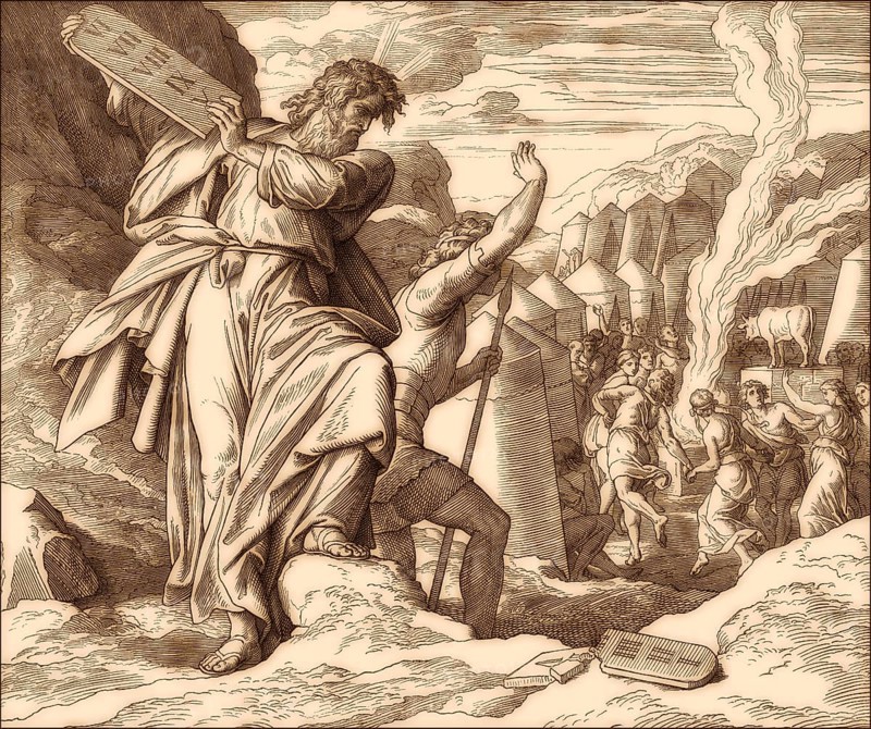Moses destroying the tables, Golden Calf, Old Testament, by Julius Schnorr von Carolsfeld, 1860