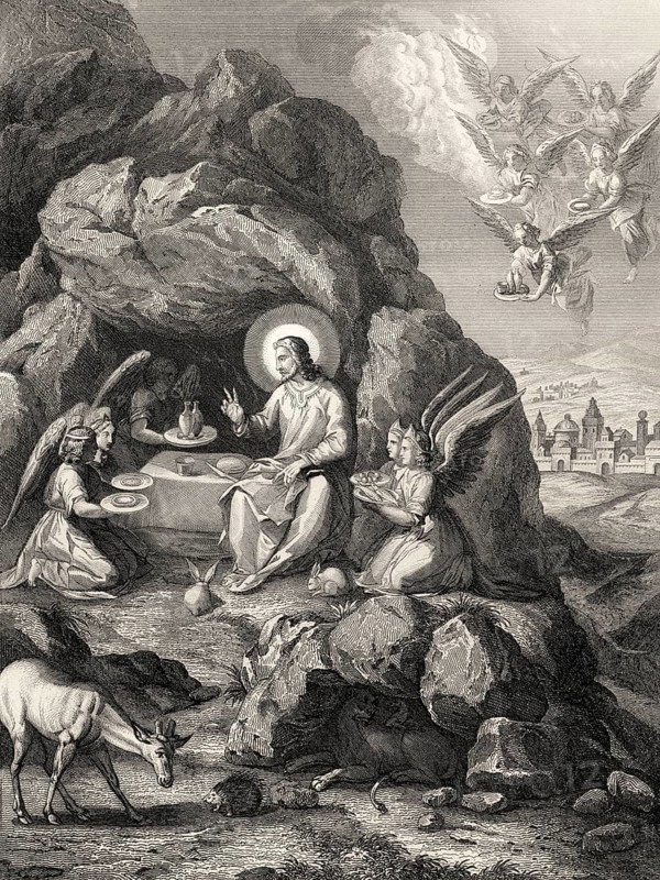 The ministry of angels to Christ, Steel engraving 1853, digitally restored