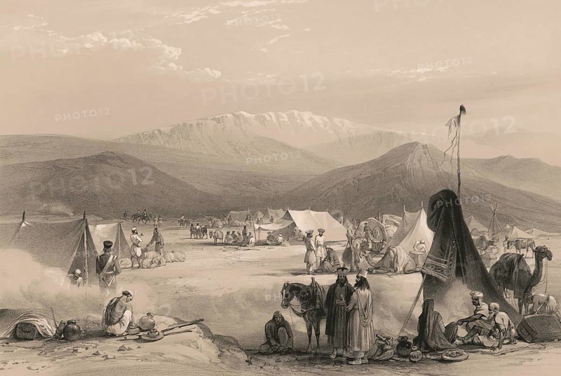 British Army Entering the Bolan Pass from Dadur, Toba Kakar range, Balochistan, Pakistan, First Anglo-Afghan War, sketch by James Atkinson, 1840