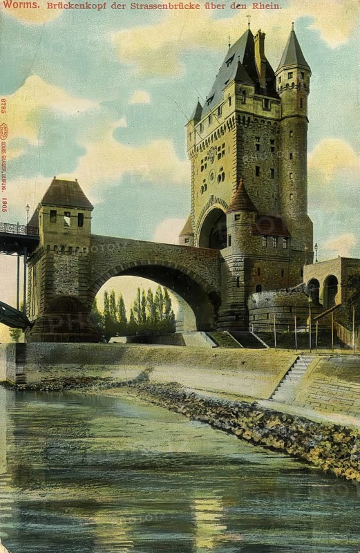 Historical postcard, picture postcard, bridgehead of the road bridge over the Rhine, Worms, Rhineland-Palatinate, Germany, digitally enhanced reproduction of an original from around 1900, picture postcard