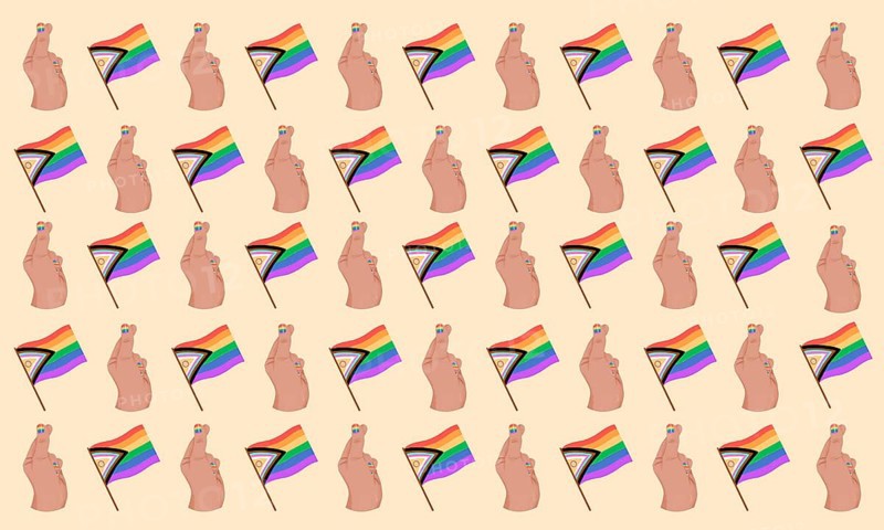 A seamless pattern featuring Pride flags and illustrated hand gestures with painted nails on a neutral background. Perfect for celebrating diversity and inclusion
