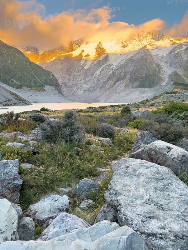 Sunrise on the Hooker Valley Track hiking trail, Mount Cook National Park, South Island, New Zealand, Oceania