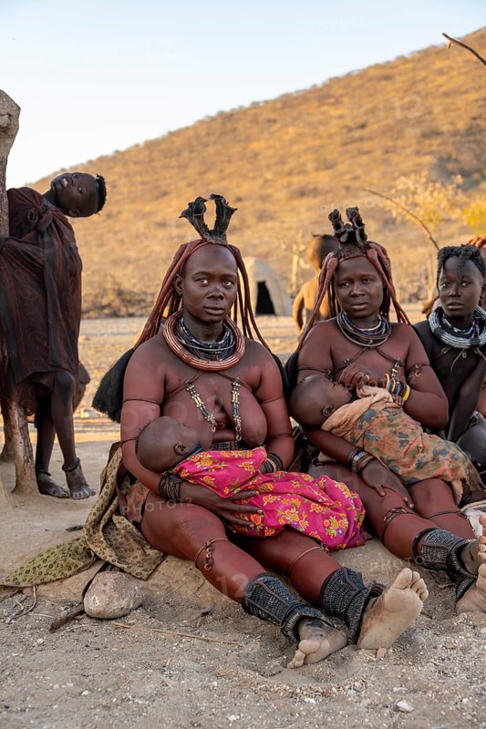 Married Himba woman with their babies in their arms sitting in front of the hut of the first woman, in the morning, traditional Himba village, Kaokoveld, Kunene, Namibia