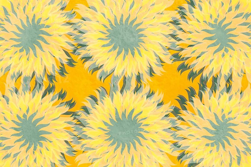 This vibrant background features an artistic rendering of sunflower blooms in shades of yellow and green, ideal for vibrant wallpaper or textile designs