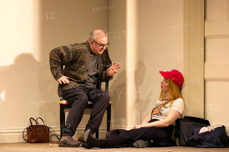 Joachim Krol (Wolfgang), Christin Nichols (Helena), Sophia oder das Emde der Humanisten, German premiere, photo rehearsal on 11.03.2026 at the Renaissance Theatre, Berlin, premiere on 15.03.2026