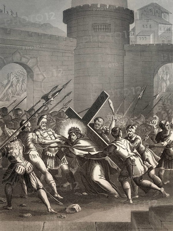 Jesus is led outside the gate to Mount Calvary, New Testament, steel engraving 1853, digitally restored