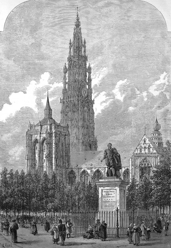 The Groenplaats, place vert, with the statue of Peter Paul Rubens, in the background the Cathedral of Our Lady, 1869, Antwerp, Belgium, Historic, digitally restored reproduction of a 19th century original