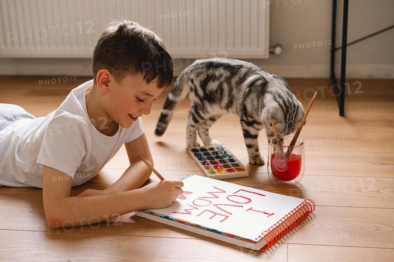 A boy lies on the floor, drawing a Mother's Day card with vibrant paints. His dedicated expression and playful cat create a heartwarming scene of creativity and love