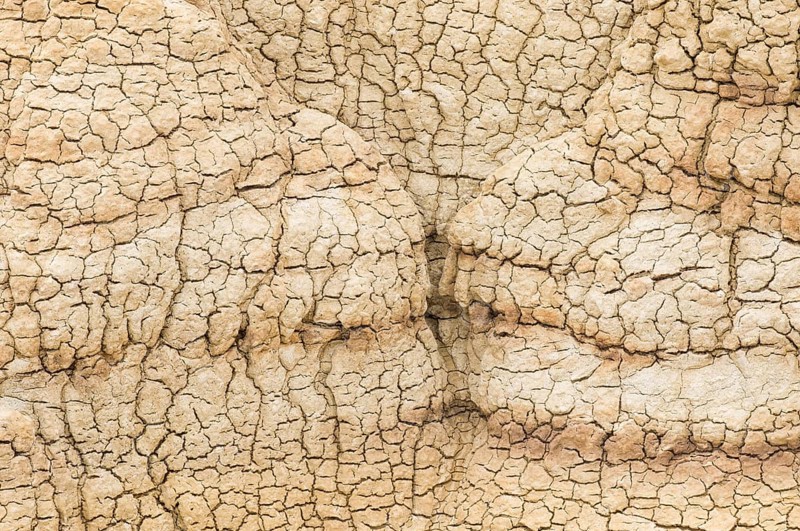 A close-up view of intricate patterns in dried clay, showcasing natural textures and irregular cracks found in Theodore Roosevelt National Park, North Dakota, USA