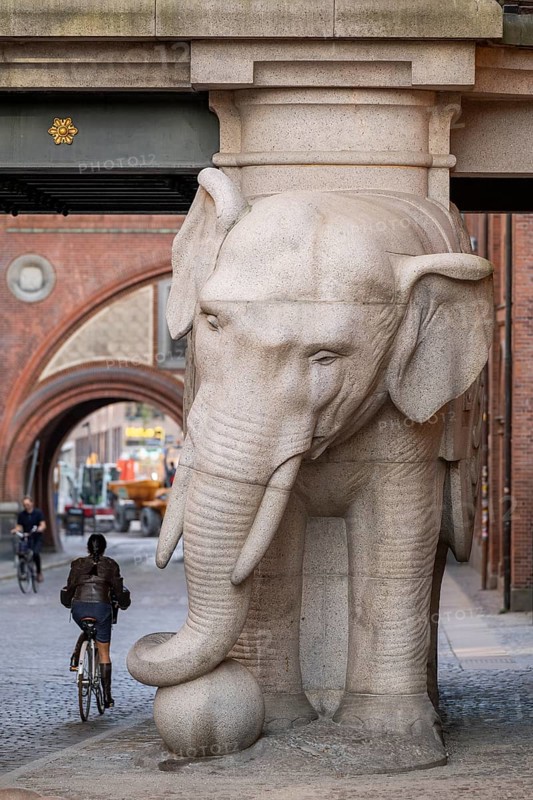 Bicyclist, monumental stone elephant, Elephant Gate or Elephant Portal or Elefantporten, by architect Vilhelm Dahlerup, Carlsberg district, Copenhagen, Denmark