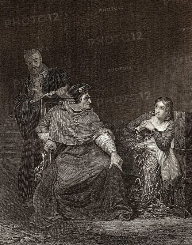 Kardinal Beaufort verhört Jeanne d'Arc im Gefängnis, Szene aus Heinrich VI, Teil 1, einem Historienspiel von William Shakespeare