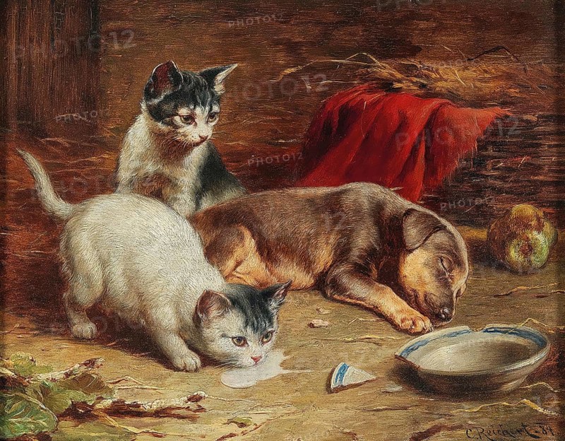 Carl Reichert, Karl Reichert, pseudonym J. Hartung (born 27 August 1836 in Vienna, died 5 April 1918 in Graz) . Austrian painter, especially landscape painter and animal painter. Here his work:, In the Pantry (1884), a peaceful scene in a rustic setting in which two playful kittens lick up milk from a floor while a brown puppy sleeps beside them, Painting, Reproduction of the painting, Work of art, Historical