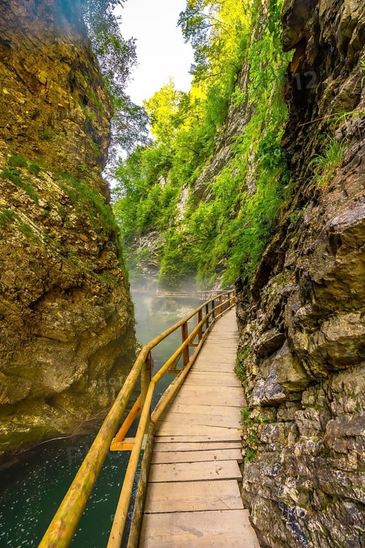 Scenic view of a wooden walkway over a stunning emerald river flowing through the picturesque vintgar gorge near bled, slovenia