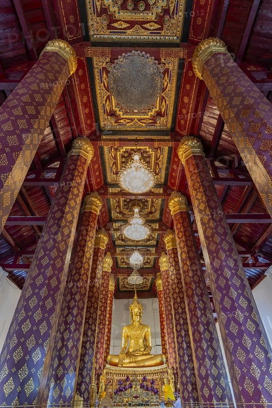 Golden Buddha statue, Phra Phuttha Nimit, and coffered ceiling in the ubosot of Wat Na Phra Men, also Wat Na Phra Meru, a Buddhist temple complex, Wat, Ayutthaya, Central Thailand, Thailand