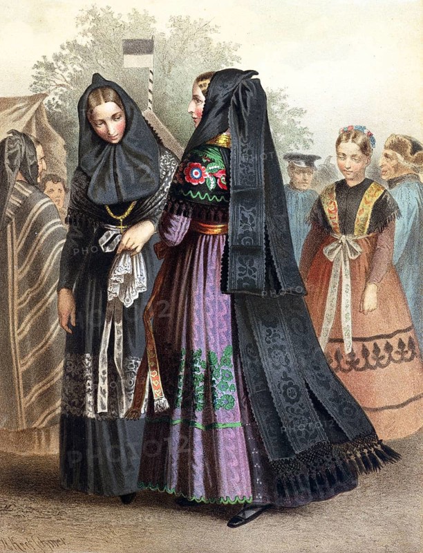 Traditional costumes in Germany around 1820, Province of Saxony, Dannstedt, woman in dark, traditional costumes with veils take part in a meeting, digitally retouched reproduction of a model from around 1850, by Albert Kretschmer (27 February 1825, 11 July 1891), German painter and traditional costume expert