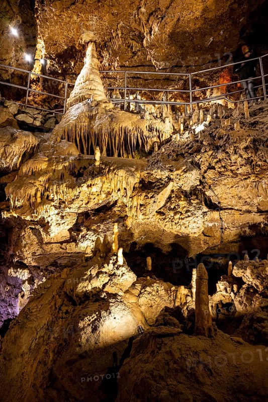 Stalagmites and stalactites in a cave, Devil's Cave Pottenstein, Franconian Switzerland, Franconia, Bavaria, Germany