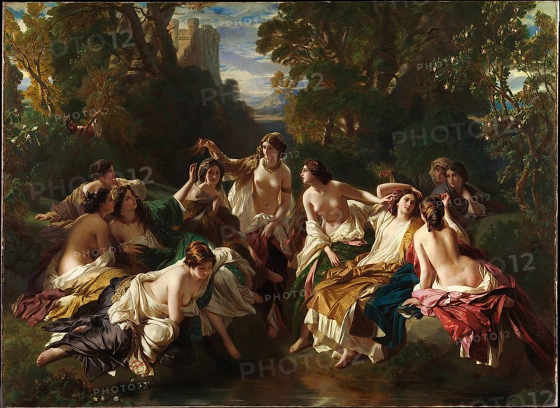Franz Xaver Winterhalter (20 April 1805 - 8 July 1873), German painter, he was one of the most sought-after and famous portrait painters, here his work:, Florinda, Painting, Reproduction of the painting, Work of art, Historical, Group of woman in mythological scene, lingering by a stream in natural surroundings