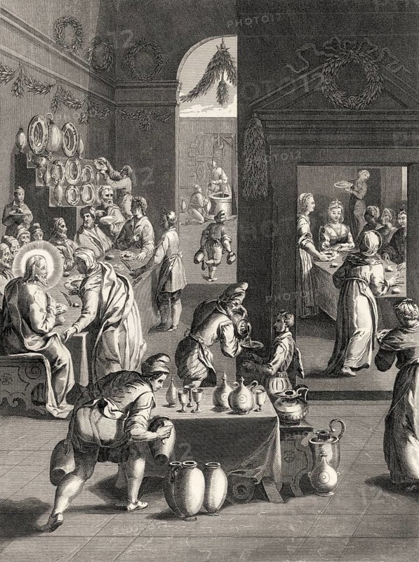 The wedding in Cana of Galilee, Steel engraving 1853, digitally restored