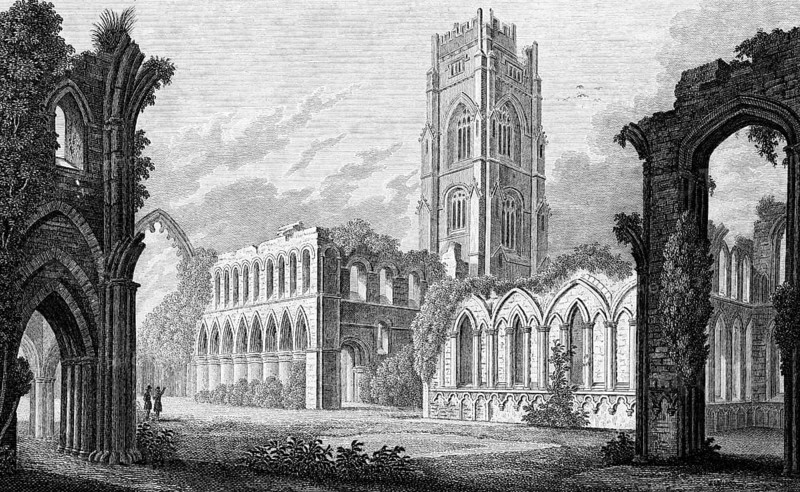Ruin of Fountain's Abbey, England, Cistercian Monastery, near Aldfield, North Yorkshire, 12th century, Gothic, square tower, overgrown, plants, visitors, building, architecture, history, steel engraving, historical illustration 1835